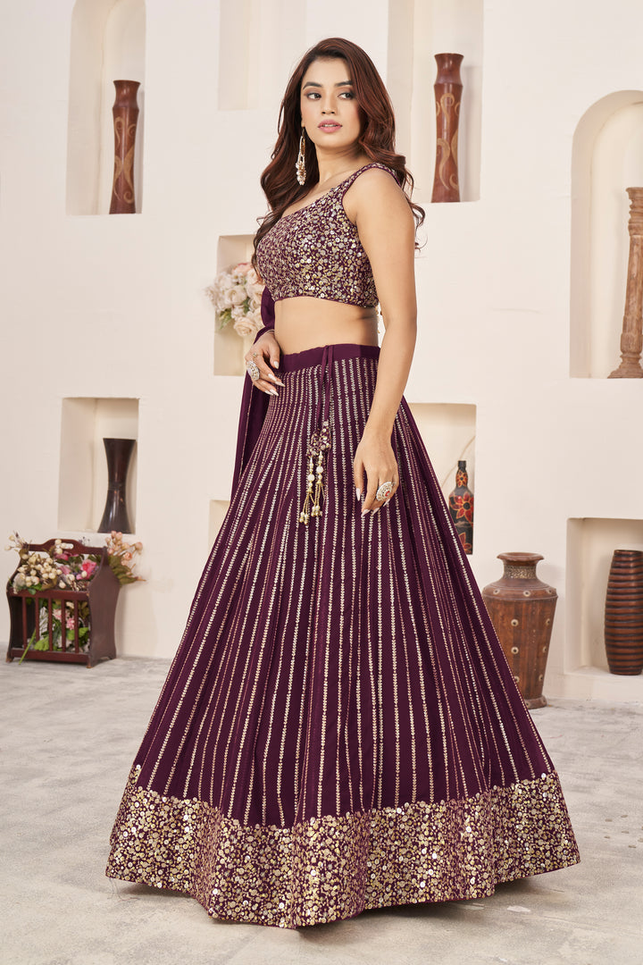 Wine color Georgette With Sequins Zari Embroidered Work Lehenga Choli