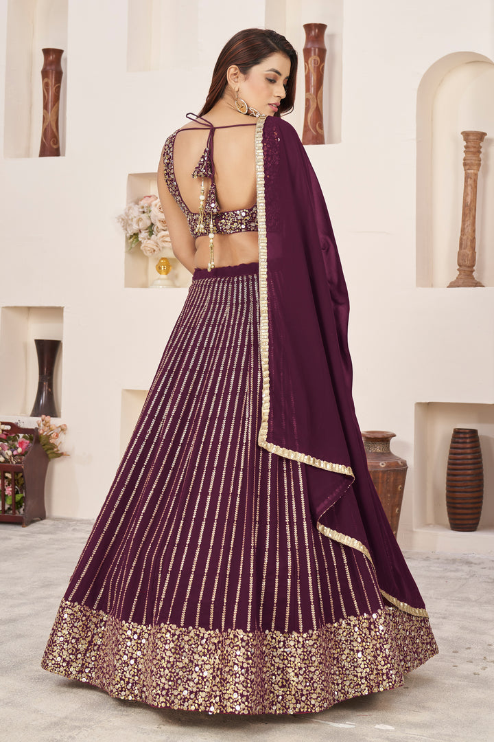 Wine color Georgette With Sequins Zari Embroidered Work Lehenga Choli