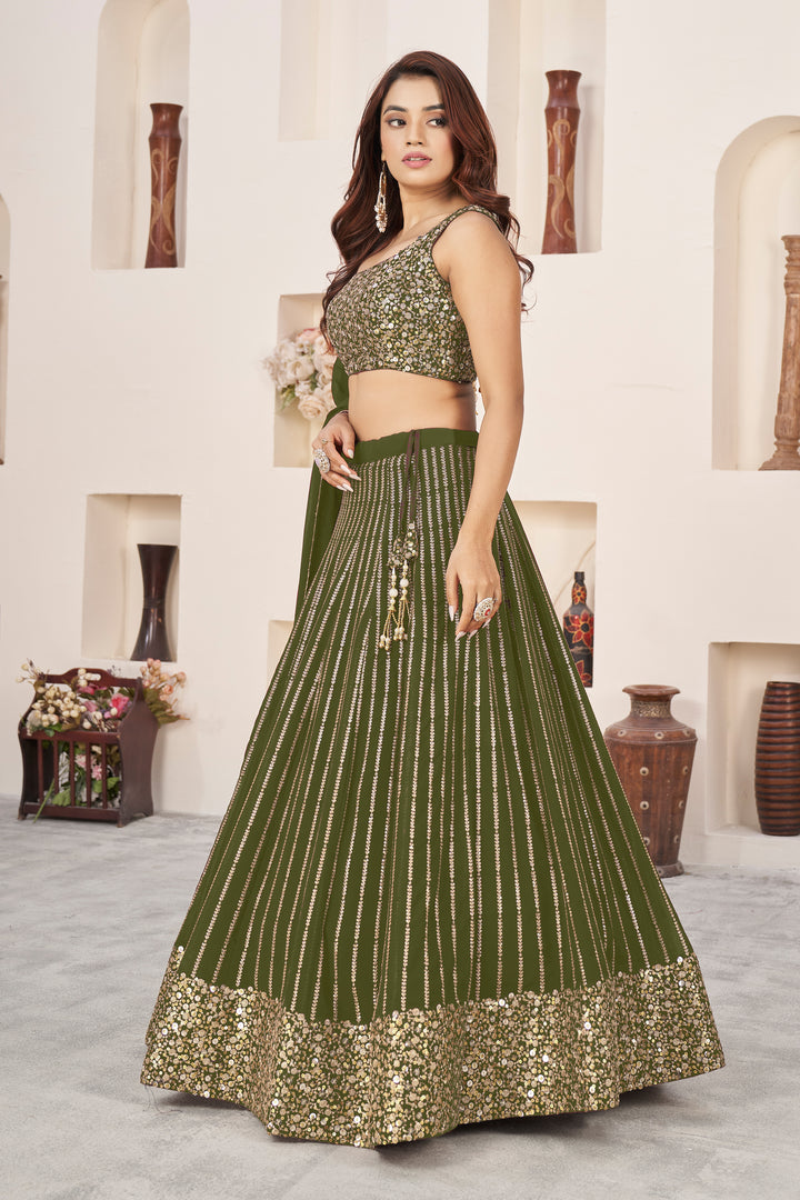 Olive color Georgette With Sequins Zari Embroidered Work Lehenga Choli