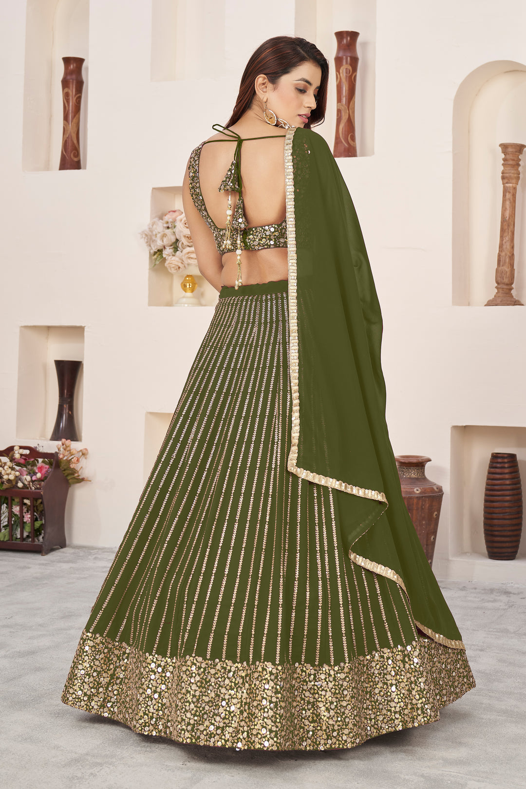 Olive color Georgette With Sequins Zari Embroidered Work Lehenga Choli