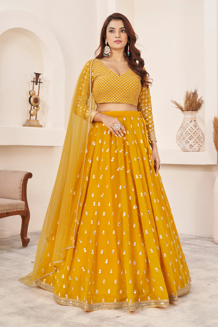 Yellow color Georgette Thread with Sequins Embroidered Work Lehenga Choli