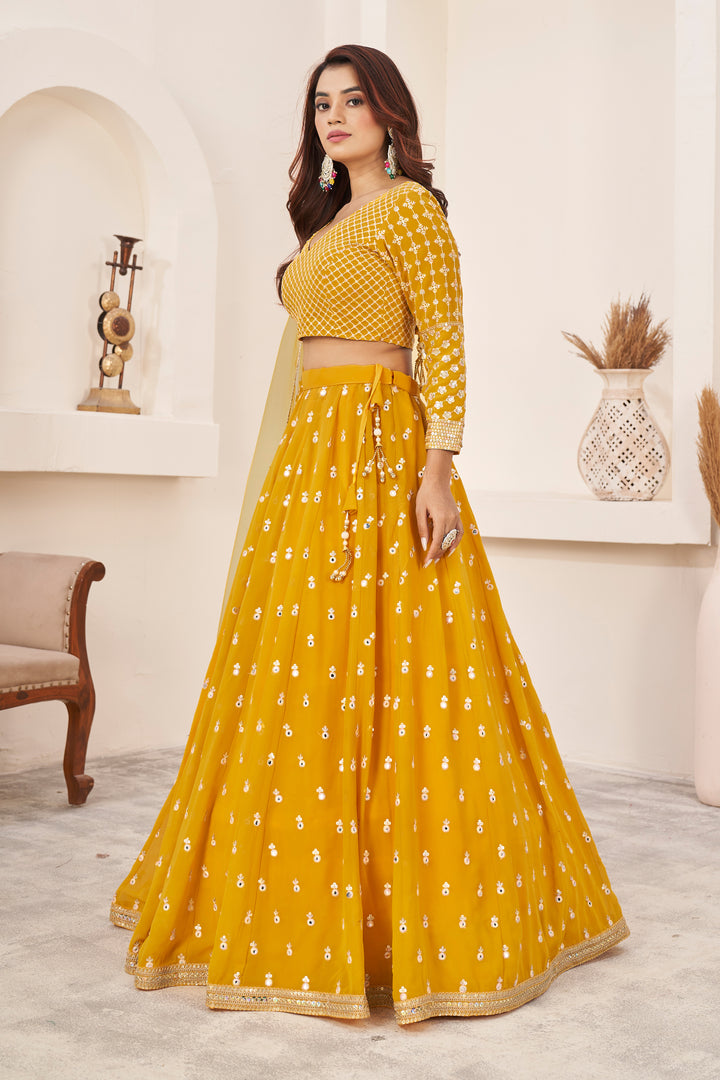 Yellow color Georgette Thread with Sequins Embroidered Work Lehenga Choli