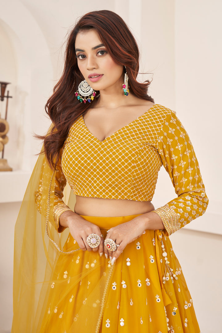 Yellow color Georgette Thread with Sequins Embroidered Work Lehenga Choli