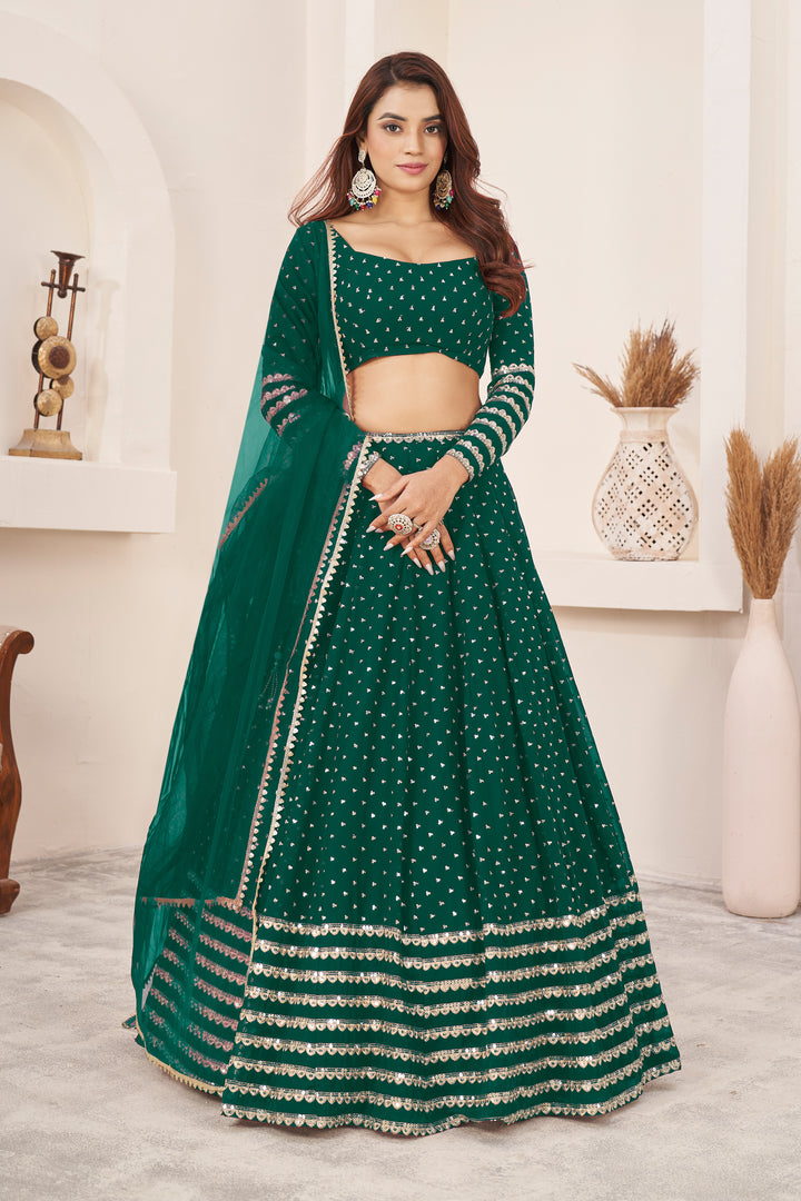 Teal Green color Georgette With Sequins Zari Embroidered Work Lehenga Choli