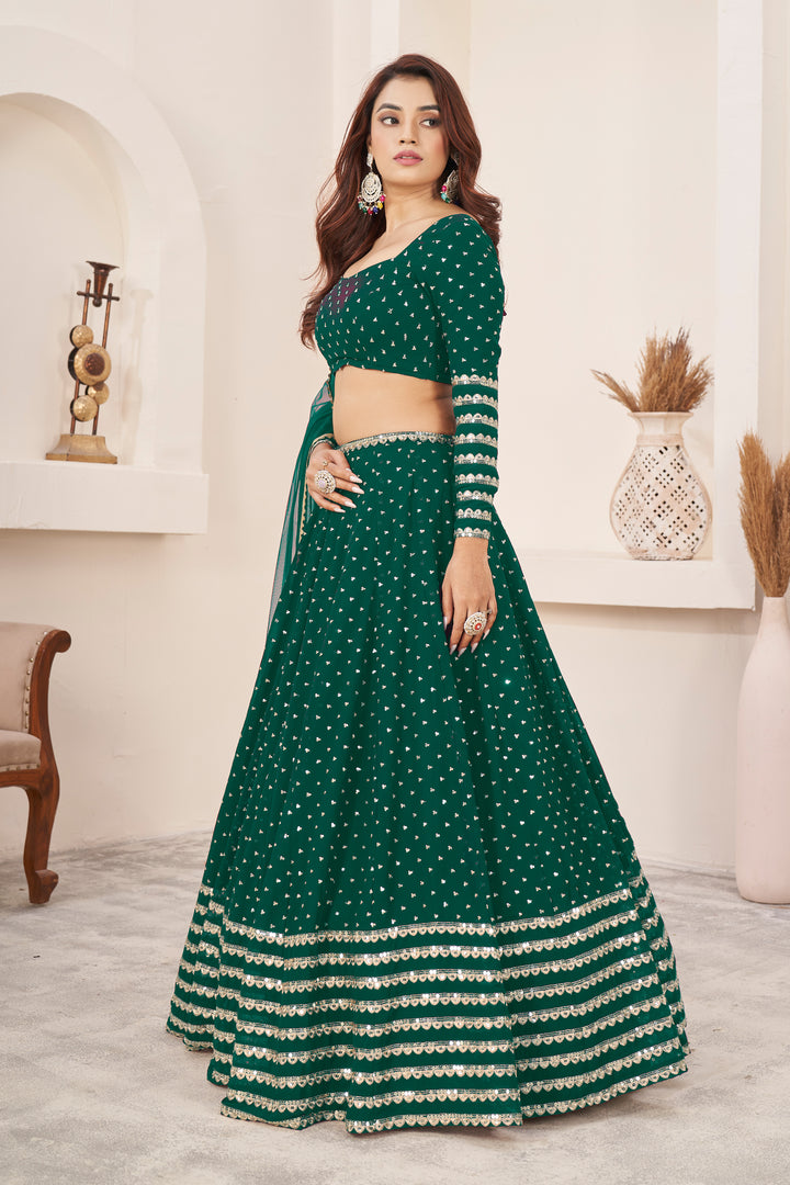 Teal Green color Georgette With Sequins Zari Embroidered Work Lehenga Choli