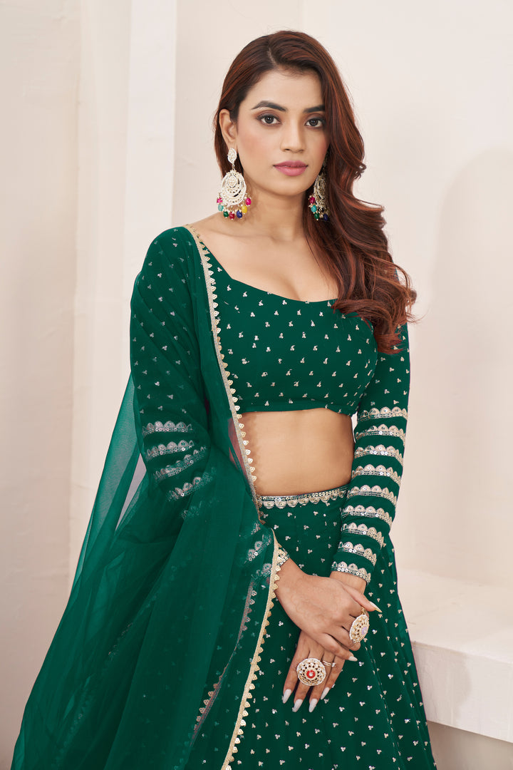 Teal Green color Georgette With Sequins Zari Embroidered Work Lehenga Choli