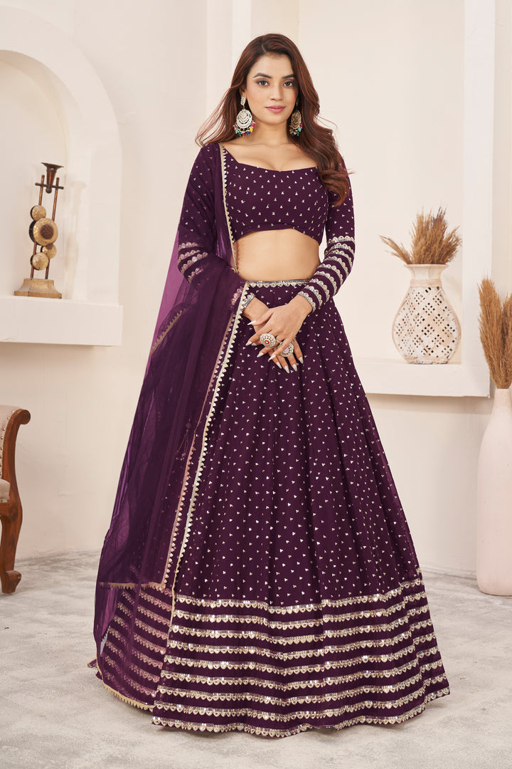 Wine color Georgette With Sequins Zari Embroidered Work Lehenga Choli