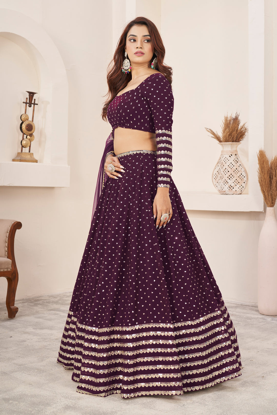 Wine color Georgette With Sequins Zari Embroidered Work Lehenga Choli