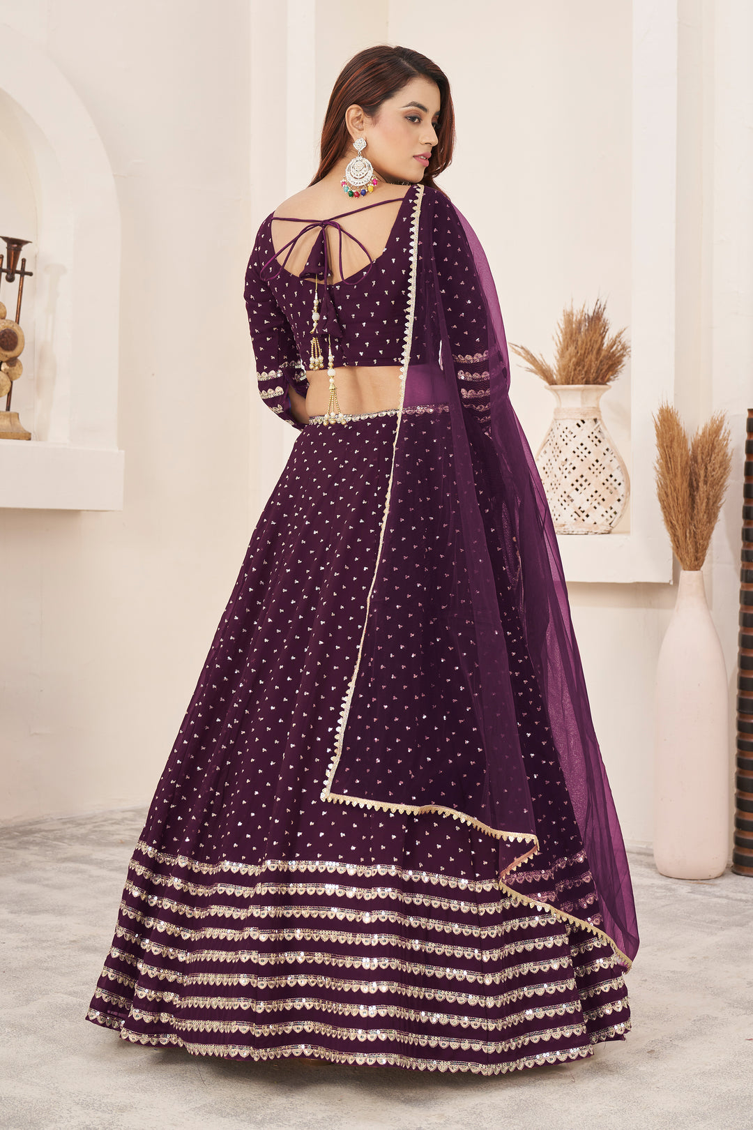 Wine color Georgette With Sequins Zari Embroidered Work Lehenga Choli