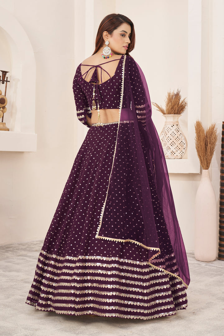 Wine color Georgette With Sequins Zari Embroidered Work Lehenga Choli