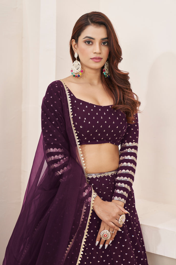 Wine color Georgette With Sequins Zari Embroidered Work Lehenga Choli