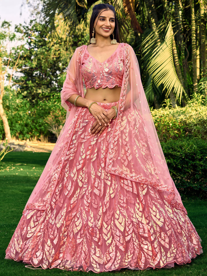 Pink Color Soft Net With Multiple Sequins,Thread Embroidery Work Lehenga Choli