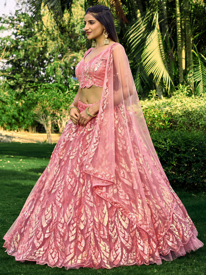 Pink Color Soft Net With Multiple Sequins,Thread Embroidery Work Lehenga Choli