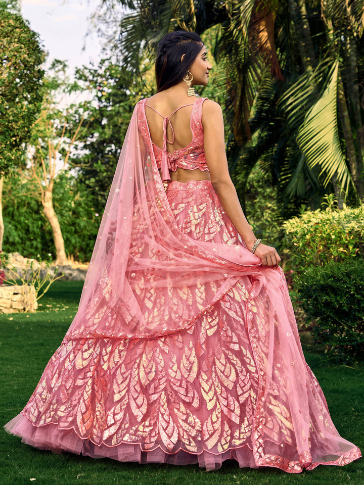 Pink Color Soft Net With Multiple Sequins,Thread Embroidery Work Lehenga Choli