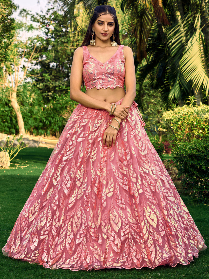 Pink Color Soft Net With Multiple Sequins,Thread Embroidery Work Lehenga Choli