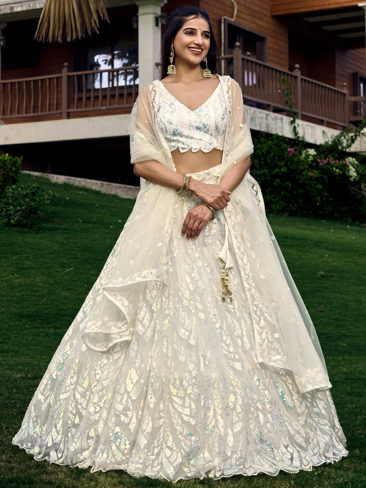White Color Soft Net With Multiple Sequins,Thread Embroidery Work Lehenga Choli