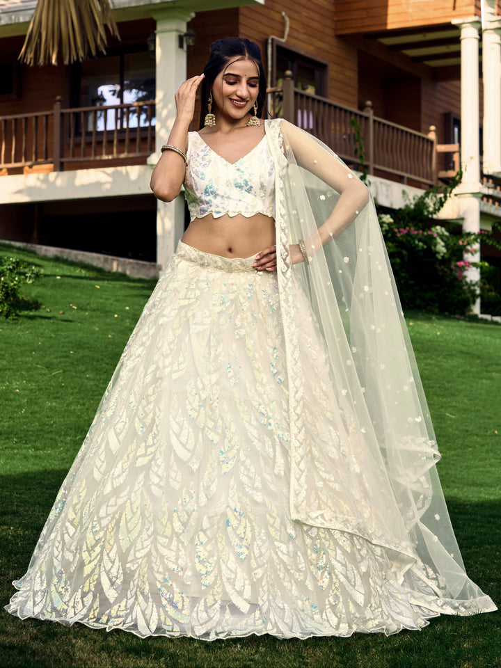 White Color Soft Net With Multiple Sequins,Thread Embroidery Work Lehenga Choli