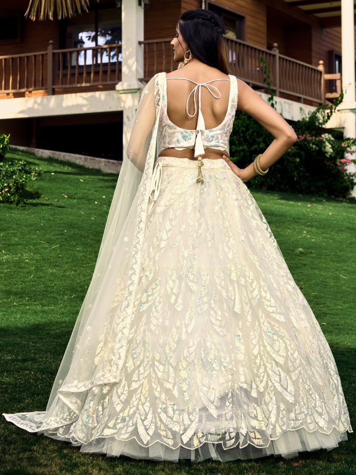 White Color Soft Net With Multiple Sequins,Thread Embroidery Work Lehenga Choli