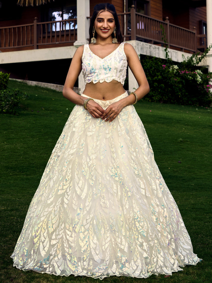 White Color Soft Net With Multiple Sequins,Thread Embroidery Work Lehenga Choli