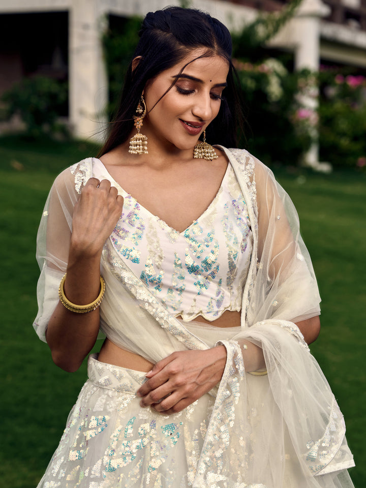 White Color Soft Net With Multiple Sequins,Thread Embroidery Work Lehenga Choli