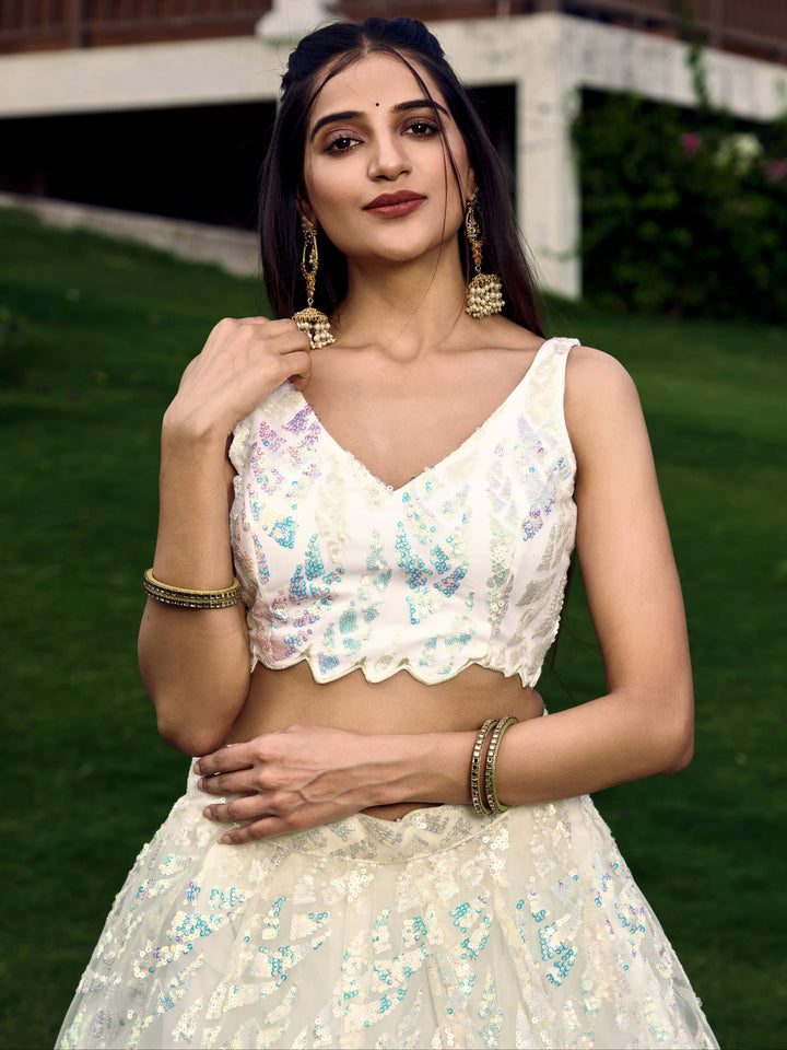 White Color Soft Net With Multiple Sequins,Thread Embroidery Work Lehenga Choli