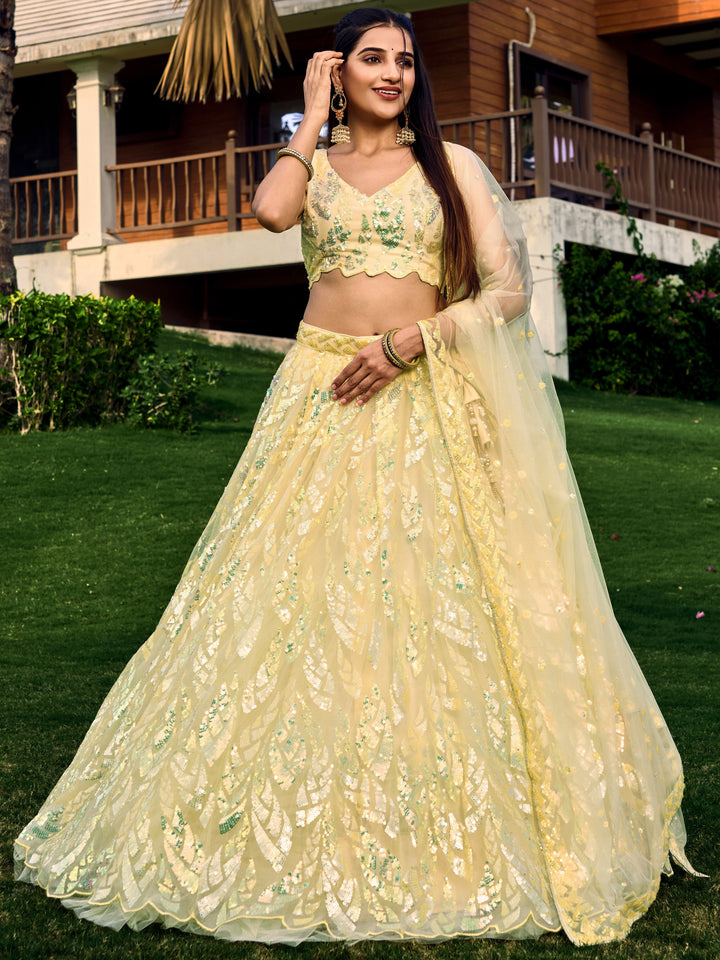 Yellow Color Soft Net With Multiple Sequins,Thread Embroidery Work Lehenga Choli