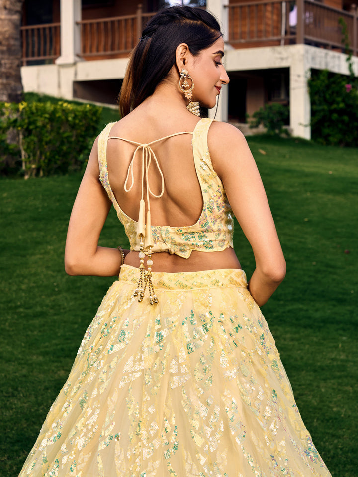 Yellow Color Soft Net With Multiple Sequins,Thread Embroidery Work Lehenga Choli