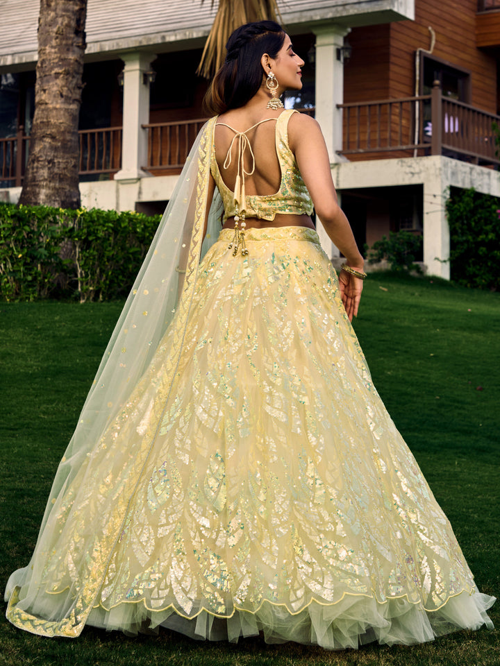 Yellow Color Soft Net With Multiple Sequins,Thread Embroidery Work Lehenga Choli
