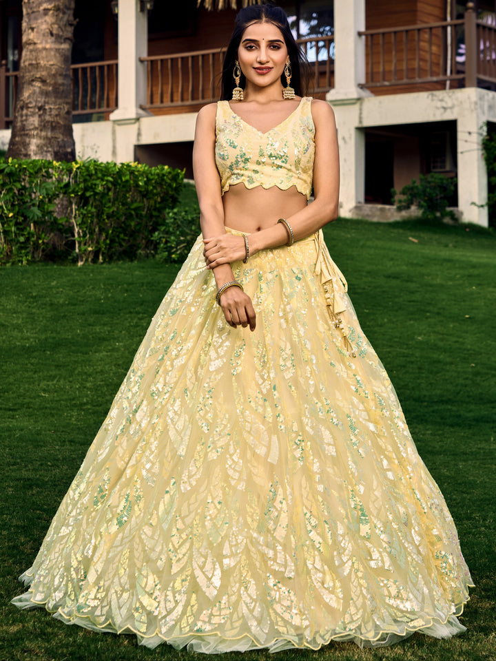 Yellow Color Soft Net With Multiple Sequins,Thread Embroidery Work Lehenga Choli