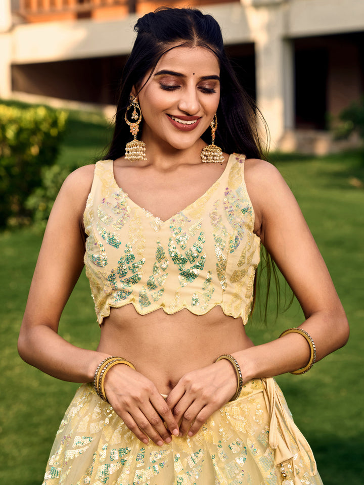 Yellow Color Soft Net With Multiple Sequins,Thread Embroidery Work Lehenga Choli
