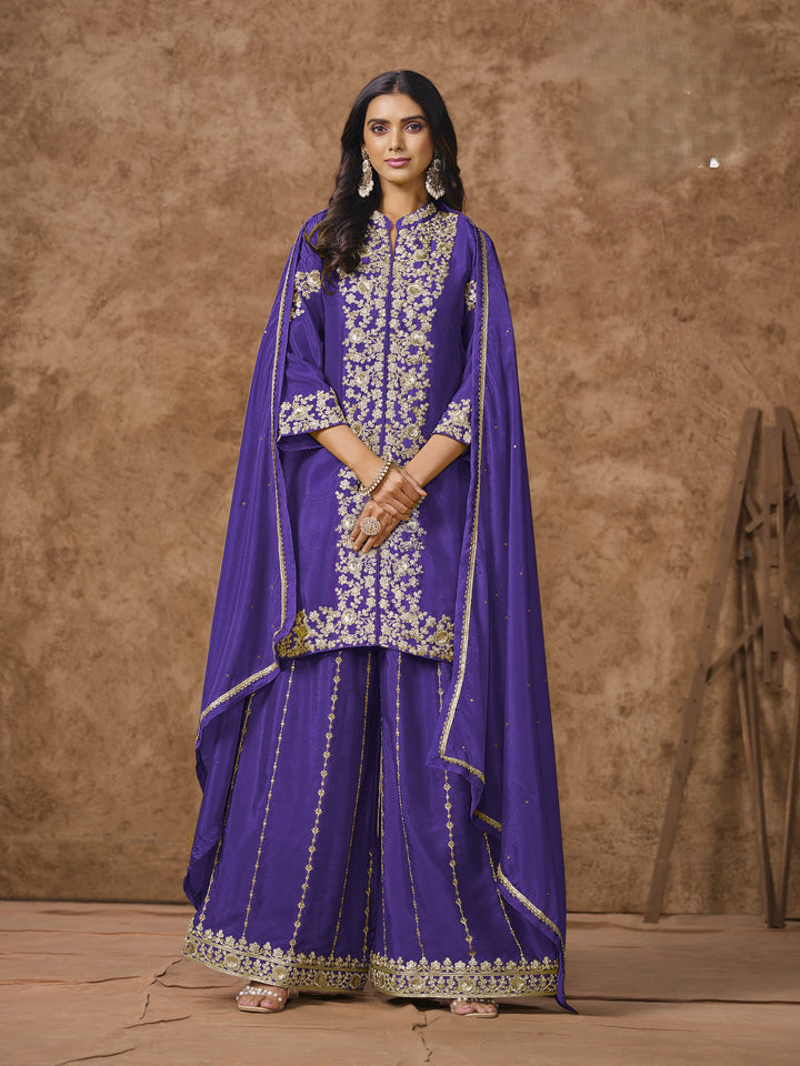 Purple Color Chinnon With Embroidery And Sequins Work Top And Plazo