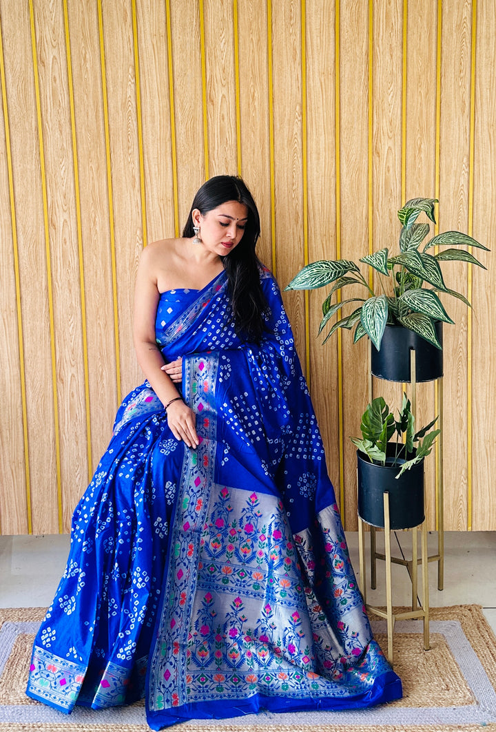Blue Deewani Pure Bandhej Silk Saree With Patola Border With Zari Weaving Paithani Rich Pallu Saree