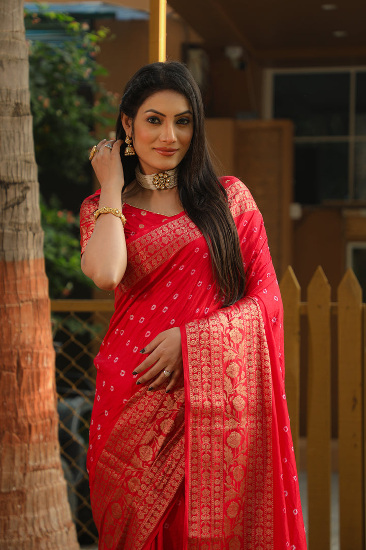 Red Toral Bandhej Kanjivaram Silk Saree Kanjivaram Border With Zari Weaving Rich Pallu