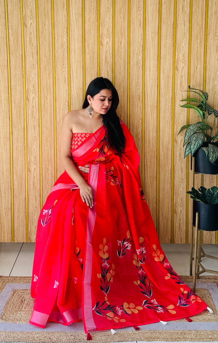 Red Muskan Soft Linen Cotton Digital Print Sarees With Batik Print With Silver Border