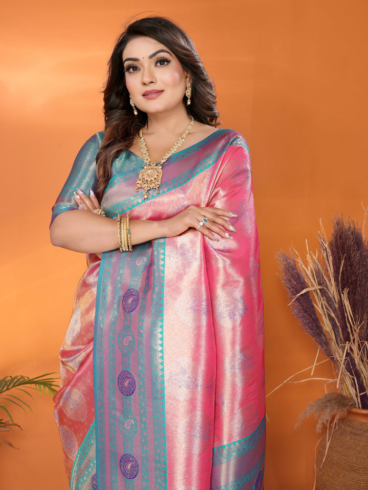 Pink Sonali Banarasi Silk Saree With Contrast Paithani Woven Borders & Pallu