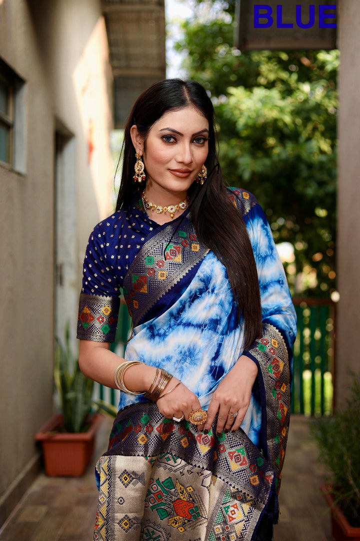 Blue Flora Sibori Print Paithani Silk Sarees  With Gold Zari Paithani Border & Contrast  Rich Pallu