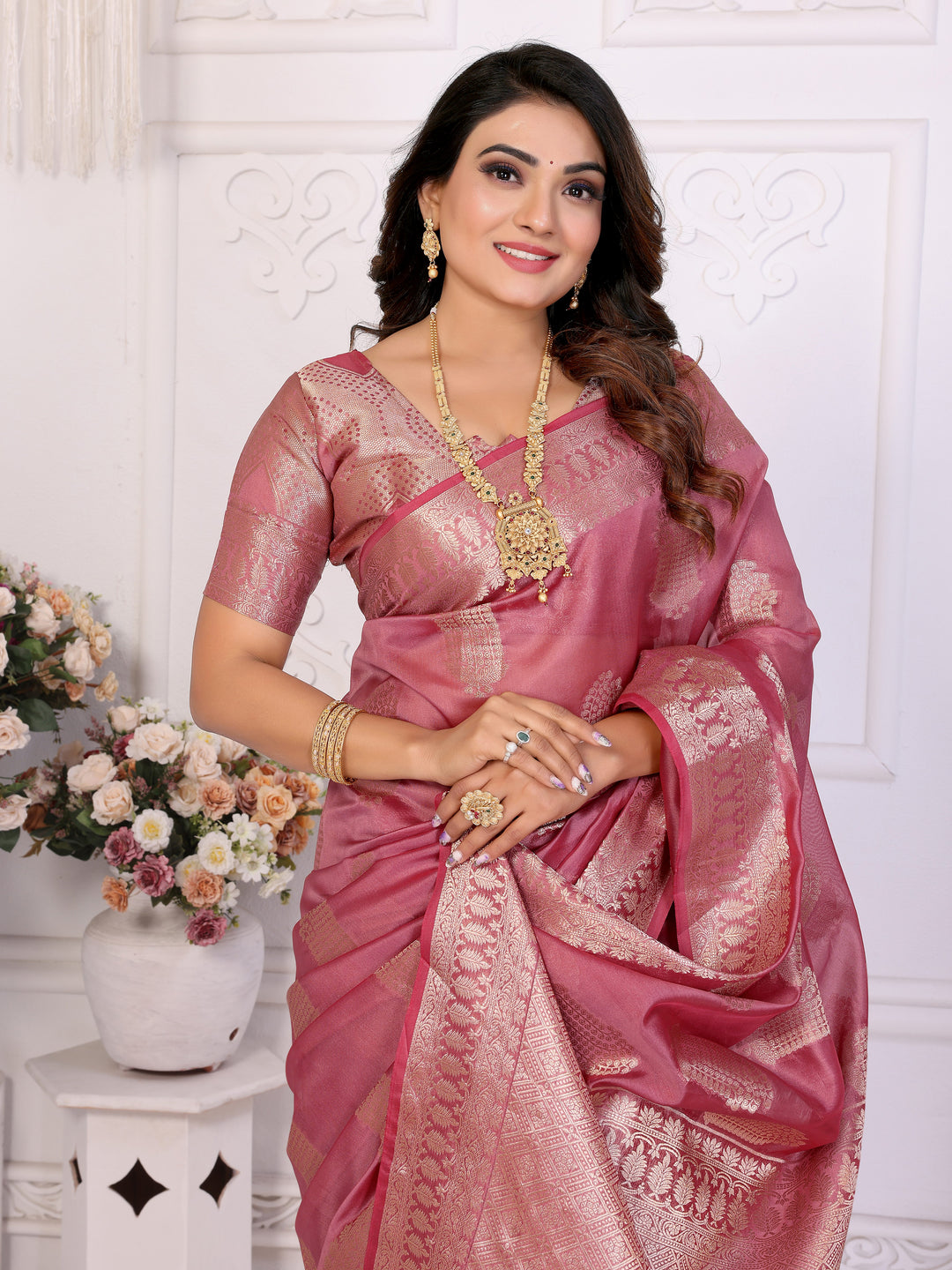Brown Vanshika Soft Organza Silk Banarasi Saree With Unique Butta With Unique Colours
