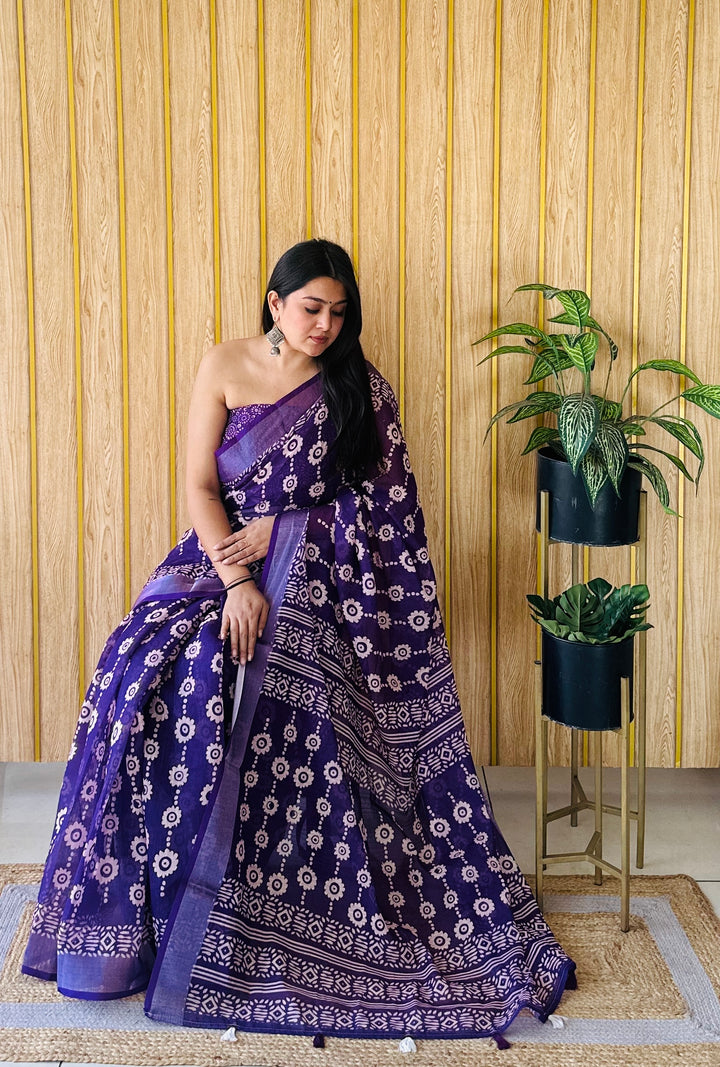 Purple Aarya-3 Soft Linen Cotton Digital Print Sarees With Batik Print With Silver Border