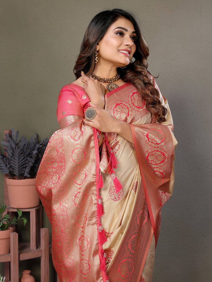 Peach Jugani Viscose Silky Sarees And weaving Butties with contrast border, Rich pallu