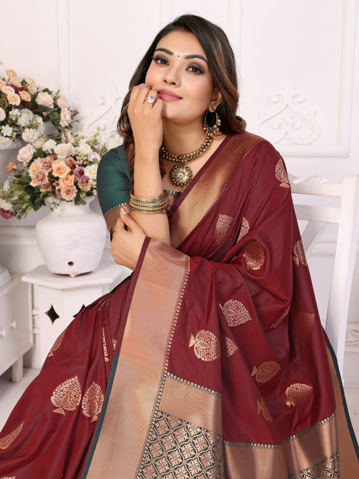 Maroon Vardhman Lichi soft Silk sarees woven Butta concept & woven Zari borders both sides