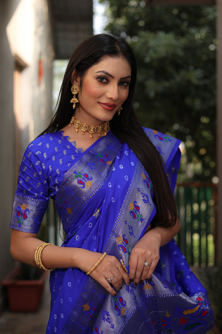 Blue Yogeshwari Dola Soft Silk Bandhej Saree With Jari Border & Weaving Paithani Style Rich Pallu