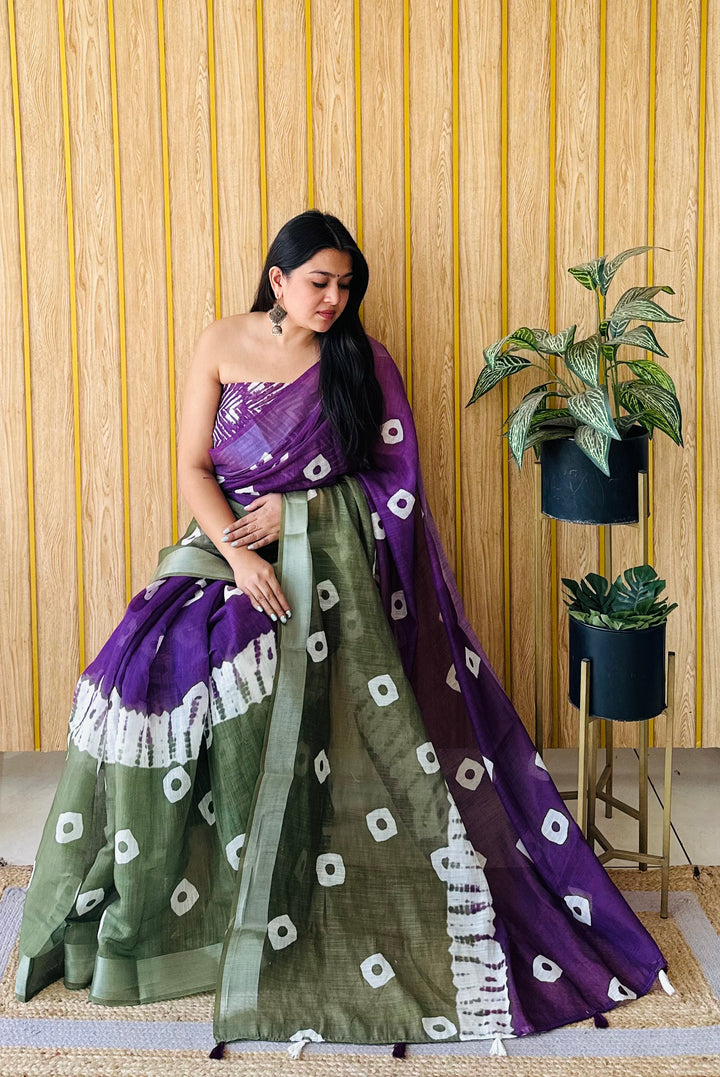 Purple And Green Aarya-2 Soft Linen Cotton Digital Print Sarees With Batik Print With Silver Border