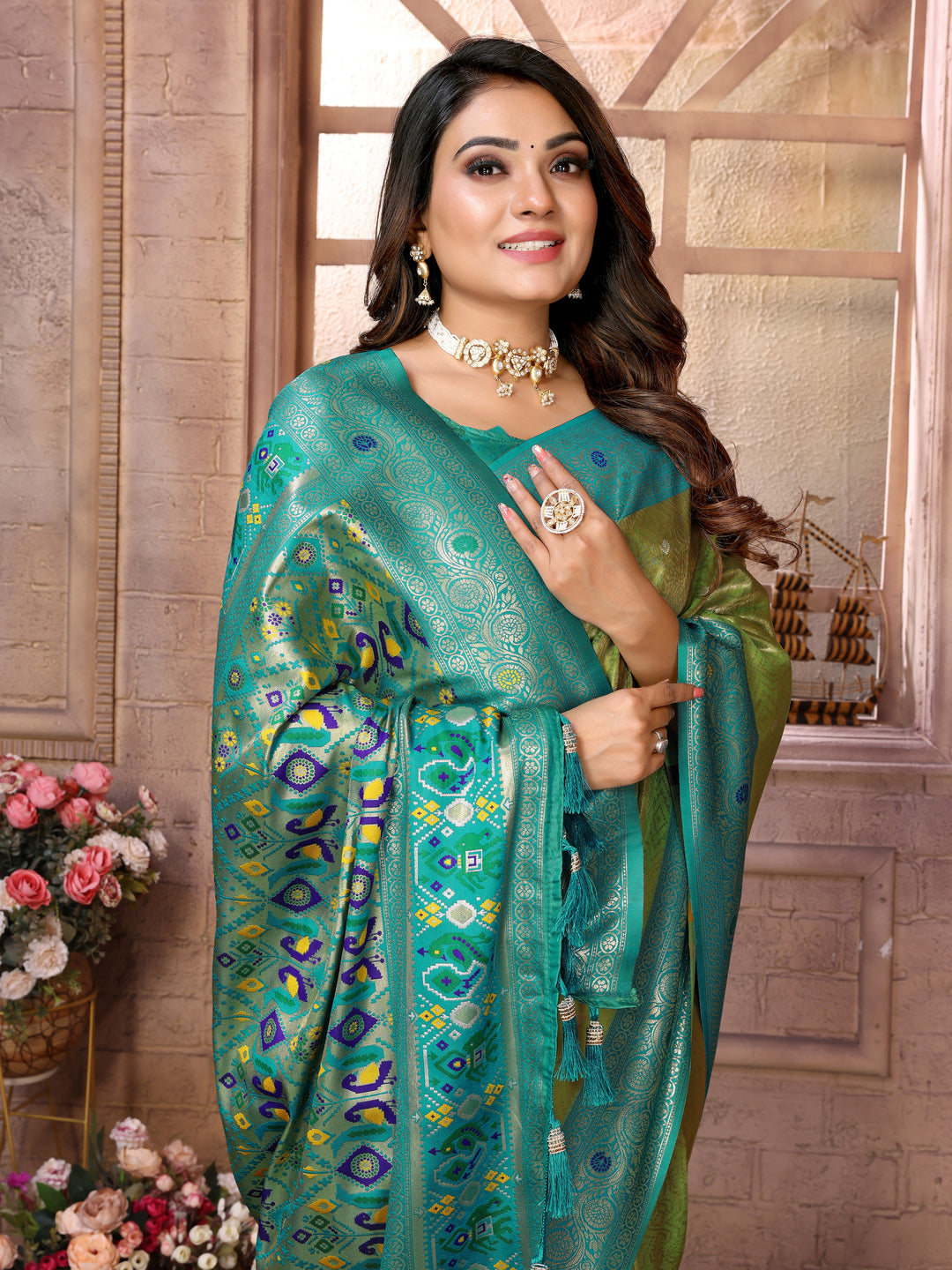 Green Vimala Banarasi Silk Saree With Contrast Paithani Woven Borders & Pallu