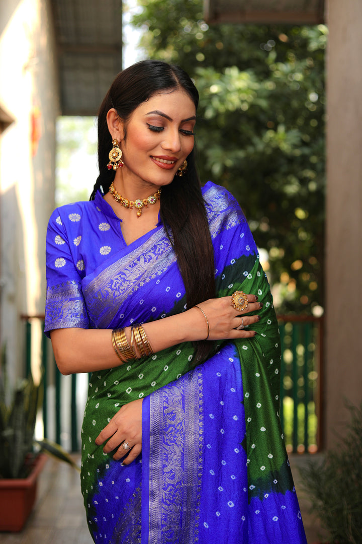Green Vahini Pure Bandhej Silk Saree With Bandhej Border & Zari Weaving Rich Tissue Pallu