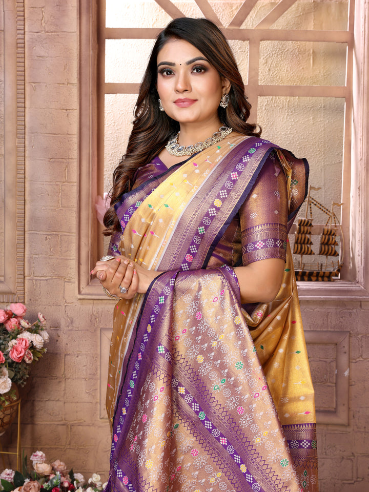 Purple Tarveni Banarasi Tissue Silk (Patola weaving) Saree With Contrast Patola Woven Borders & Pallu