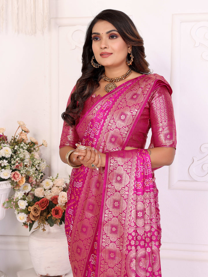 Pink Samshira Soft Satin Silk Bandhej Print Saree With Zari Border Design And Having Rich Pallu