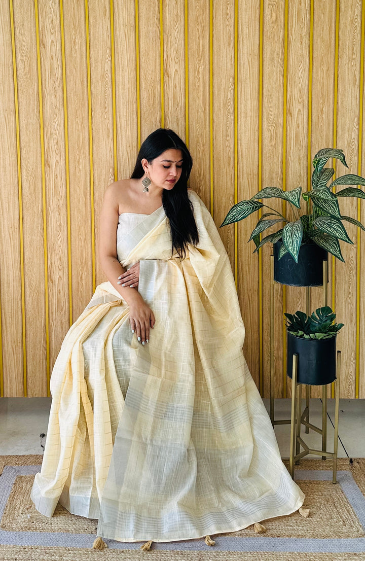 Yellow Ridhdhi Linen Chex Concept Sarees With Ached Weaving All Over Saree