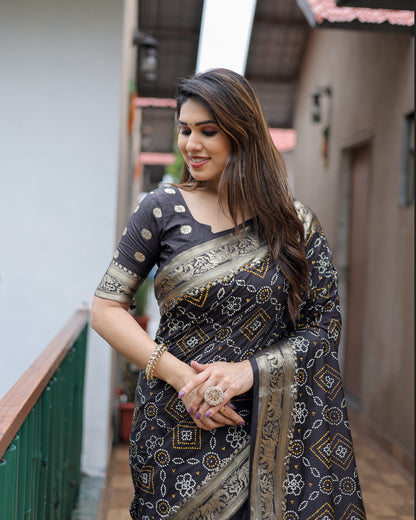 Black Pushpavati Soft Dola Silk Bandhej Sarees With Kanchi Weaving Border With Multicolour Bandhej Block Print Design