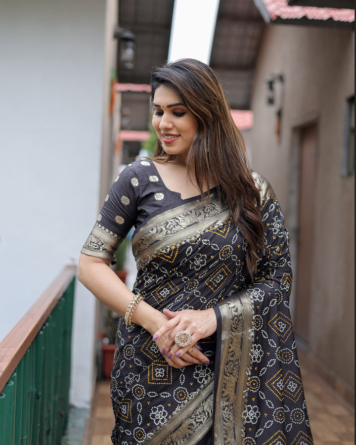 Black Pushpavati Soft Dola Silk Bandhej Sarees With Kanchi Weaving Border With Multicolour Bandhej Block Print Design