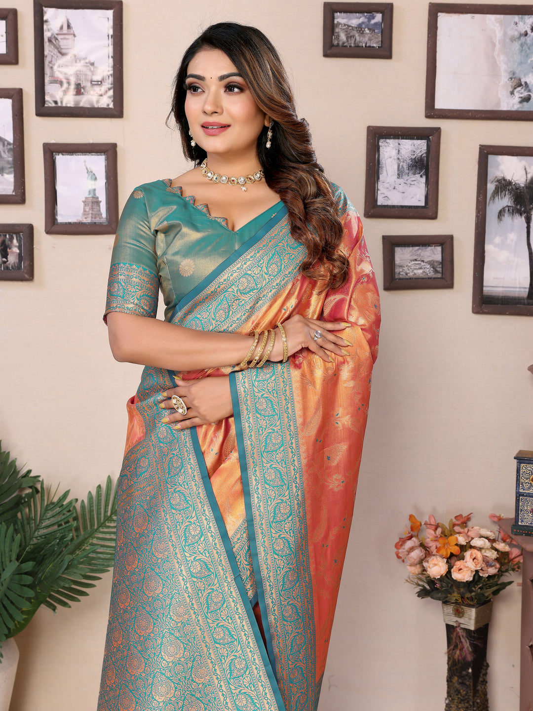 Orange Hema pure Banarasi Tissues silk sarees Its soft and silky with Meenkari woven border